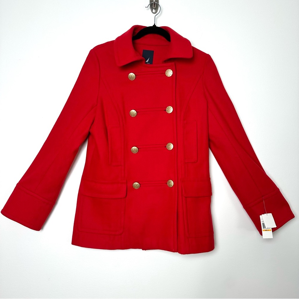 Red Wool Peacoat Nautical Double Breasted Captain Old Money Classic Preppy